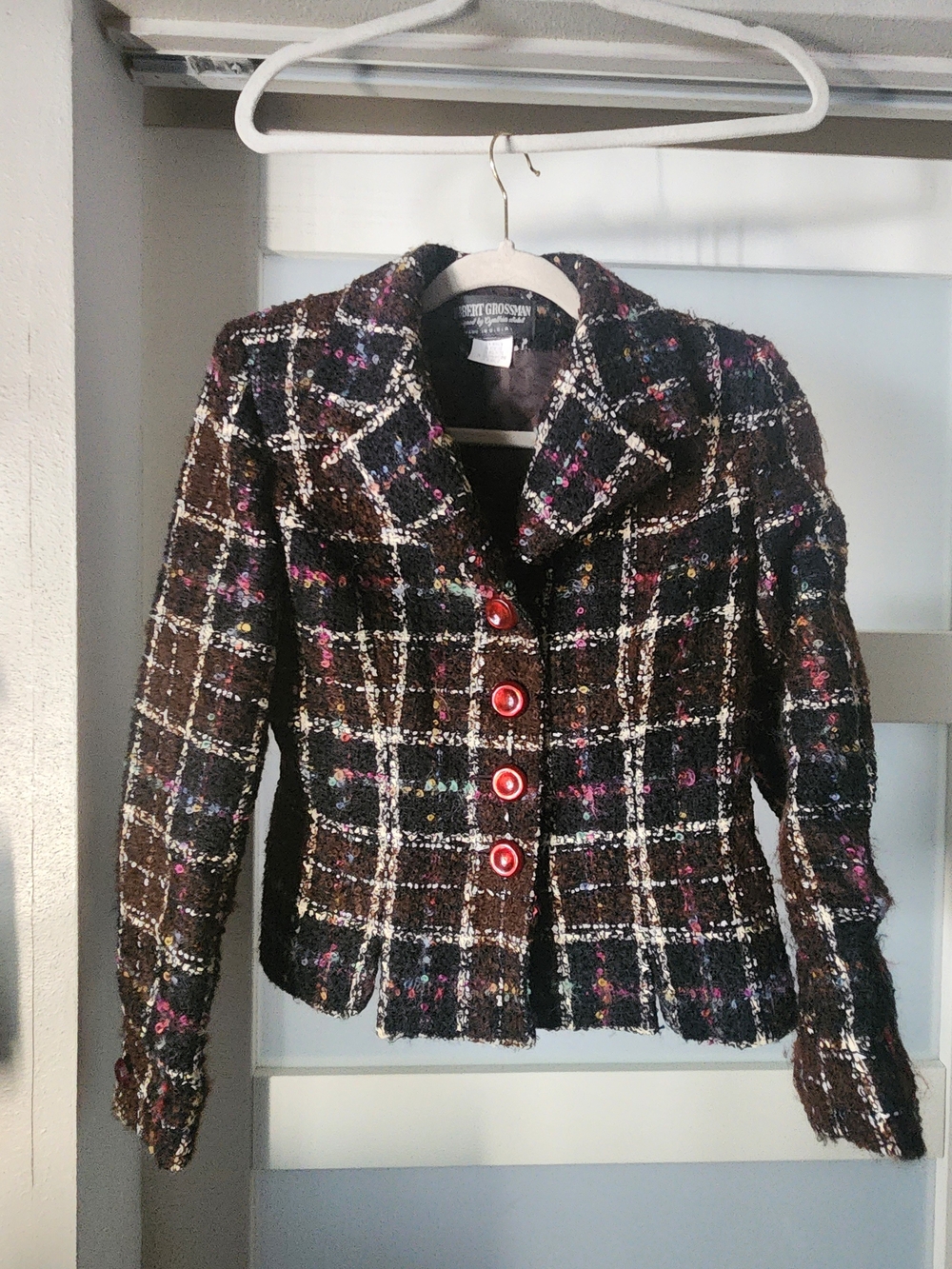 Women's Brown Tweed Plaid Blazer with Red Buttons